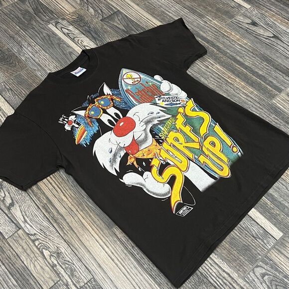 🌊🏄‍♂️ Vintage “REPRINT” Looney Tunes Sylvester SURF Tee Front/Back Graphics -N - Picture 3 of 9